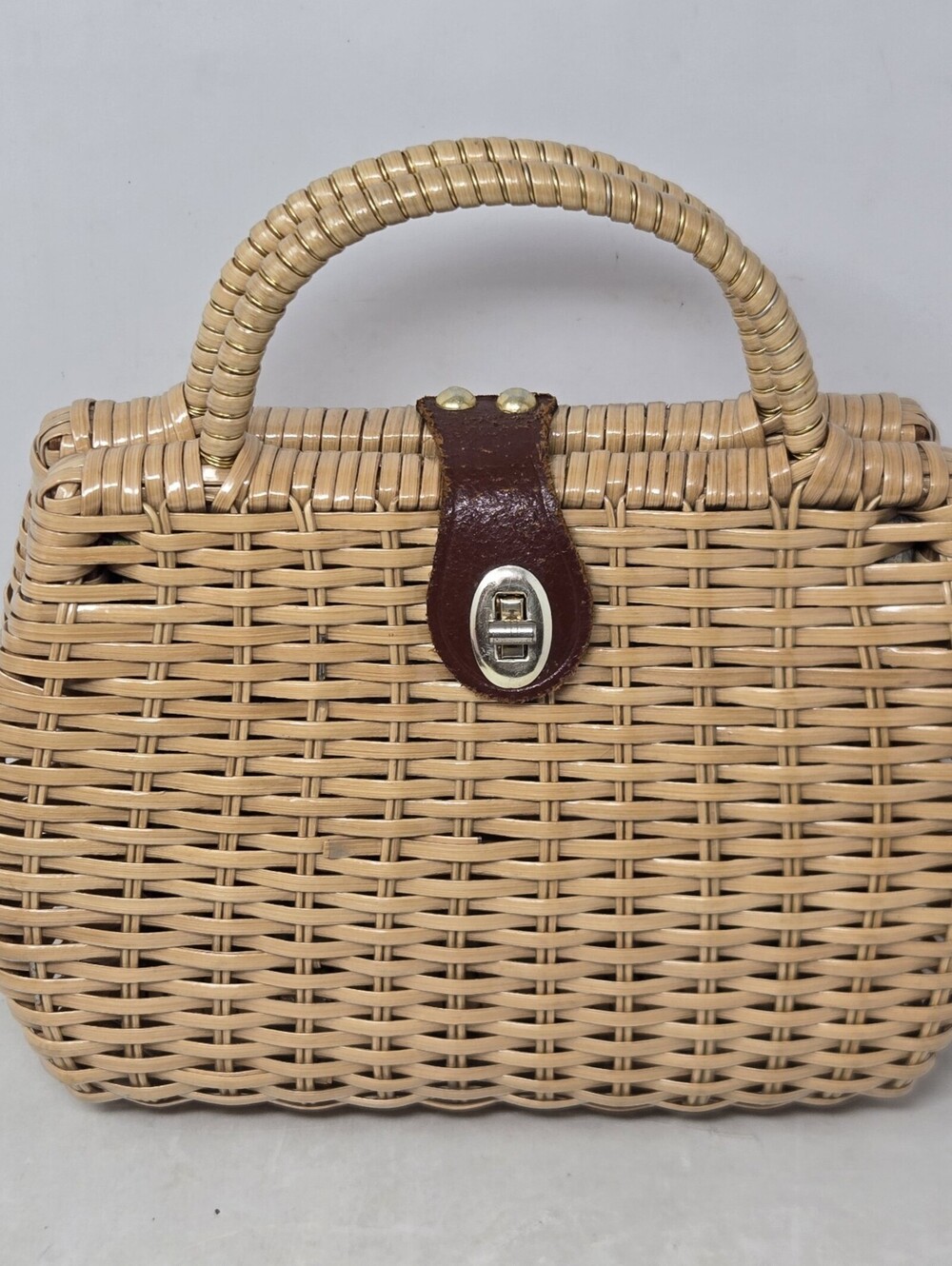 Vtg 1960s Wicker Box Purse Mid Century Rattan Bag Turn Lock Made In Hong Kong